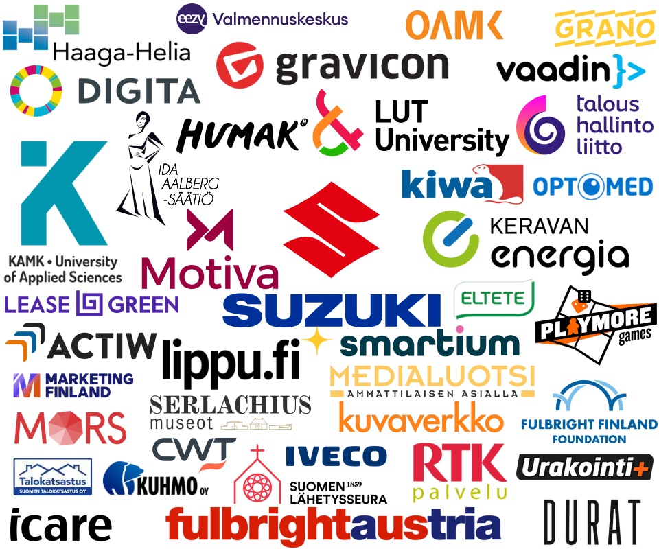 Asiakkaat: Haaga-Helia, Valmennuskeskus, OAMK, Grano, Digita, Gravicon, Vaadin, HUMAK, LUT University, Taloushallintoliitto, KAMK University of Applied Sciences, Ida Aalberg -säätiö, Kiwa, Optomed, Motiva, LeaseGreen, Suzuki, Keravan Energia, Eltete, PlayMore Games, Actiw, Lippu.fi, Smartium, Marketing Finland, Serlachius-museot, Medialuotsi, MORS Software, CWT, IVECO, Kuvaverkko, Fulbright Finland Foundation, Suomen Talokatsastus Oy, Kuhmo Oy, Suomen Lähetysseura, RTK-palvelu, Urakointi+, icare, Fulbright Austria, Durat.